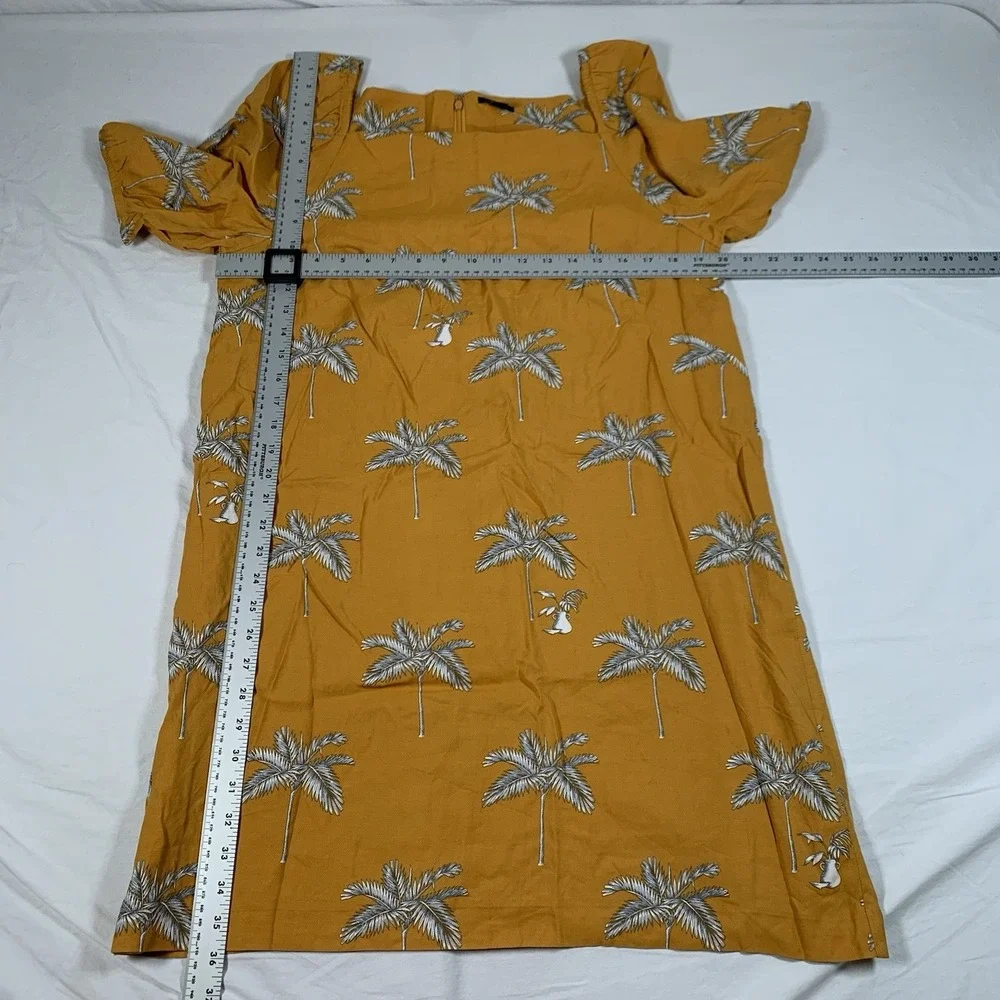 Ann Taylor Mustard Yellow Palm Tree‎ Puff Sleeve Square Neck Lined Dress Small